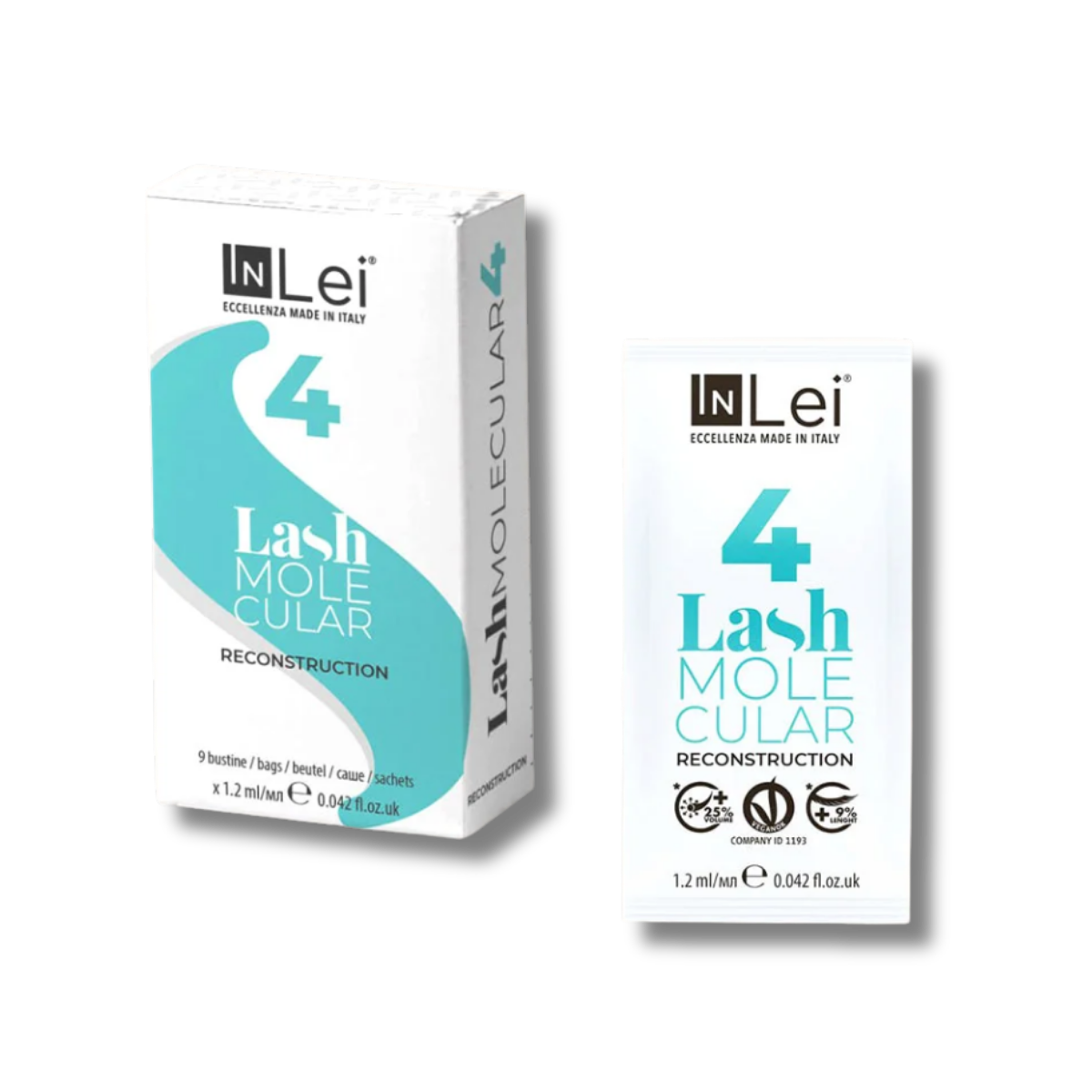 InLei Lash Molecular 4 Paso 4 Lash Filler 25.9 en presentación profesional de 9 sachets de 1.2 ml para reconstrucción molecular de pestañas y cejas, formulado con proteínas vegetales, quinoa y derivado de ácido hialurónico para aportar hidratación, fuerza, flexibilidad y brillo.