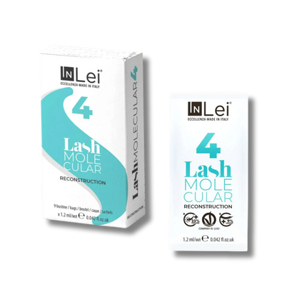 InLei Lash Molecular 4 Paso 4 Lash Filler 25.9 en presentación profesional de 9 sachets de 1.2 ml para reconstrucción molecular de pestañas y cejas, formulado con proteínas vegetales, quinoa y derivado de ácido hialurónico para aportar hidratación, fuerza, flexibilidad y brillo.
