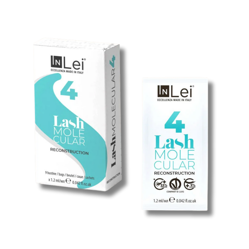InLei Lash Molecular 4 Paso 4 Lash Filler 25.9 en presentación profesional de 9 sachets de 1.2 ml para reconstrucción molecular de pestañas y cejas, formulado con proteínas vegetales, quinoa y derivado de ácido hialurónico para aportar hidratación, fuerza, flexibilidad y brillo.