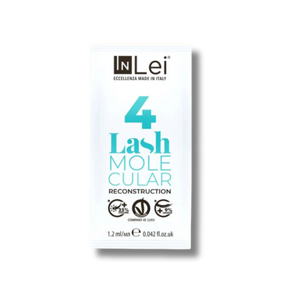 InLei Lash Molecular 4 Paso 4 Lash Filler 25.9 en presentación profesional de 9 sachets de 1.2 ml para reconstrucción molecular de pestañas y cejas, formulado con proteínas vegetales, quinoa y derivado de ácido hialurónico para aportar hidratación, fuerza, flexibilidad y brillo.