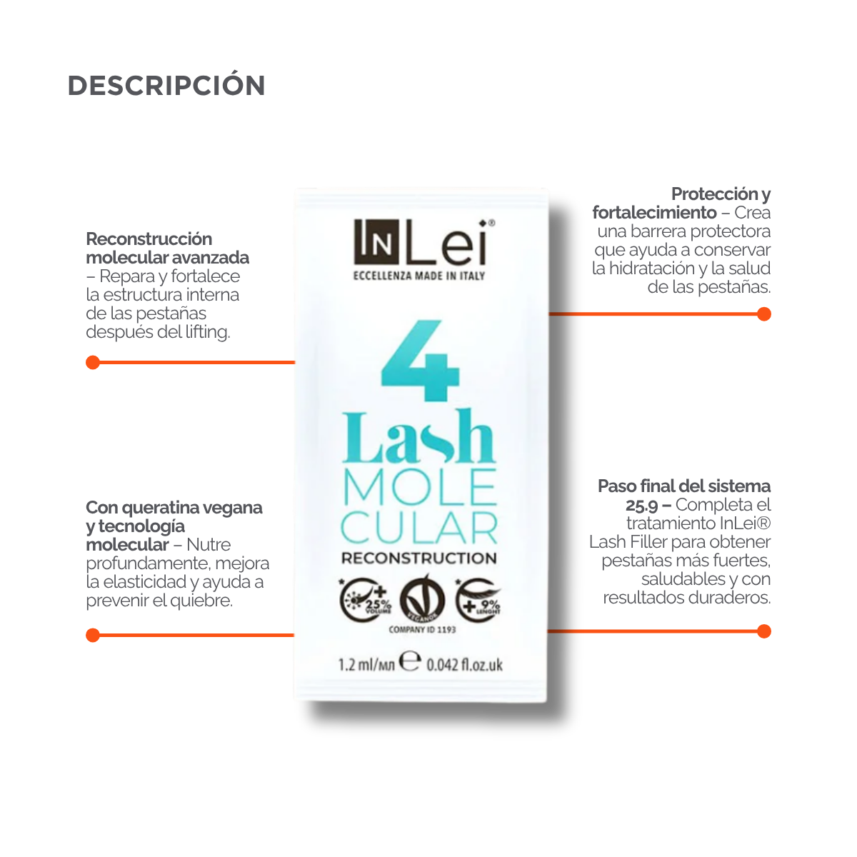 InLei Lash Molecular 4 Paso 4 Lash Filler 25.9 en presentación profesional de 9 sachets de 1.2 ml para reconstrucción molecular de pestañas y cejas, formulado con proteínas vegetales, quinoa y derivado de ácido hialurónico para aportar hidratación, fuerza, flexibilidad y brillo.