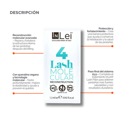 InLei Lash Molecular 4 Paso 4 Lash Filler 25.9 en presentación profesional de 9 sachets de 1.2 ml para reconstrucción molecular de pestañas y cejas, formulado con proteínas vegetales, quinoa y derivado de ácido hialurónico para aportar hidratación, fuerza, flexibilidad y brillo.