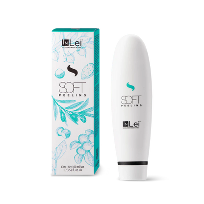 Envase de 100 ml de InLei Soft Peeling, exfoliante suave para cejas, rostro y escote, textura ligera no grasa, presentación profesional de estética