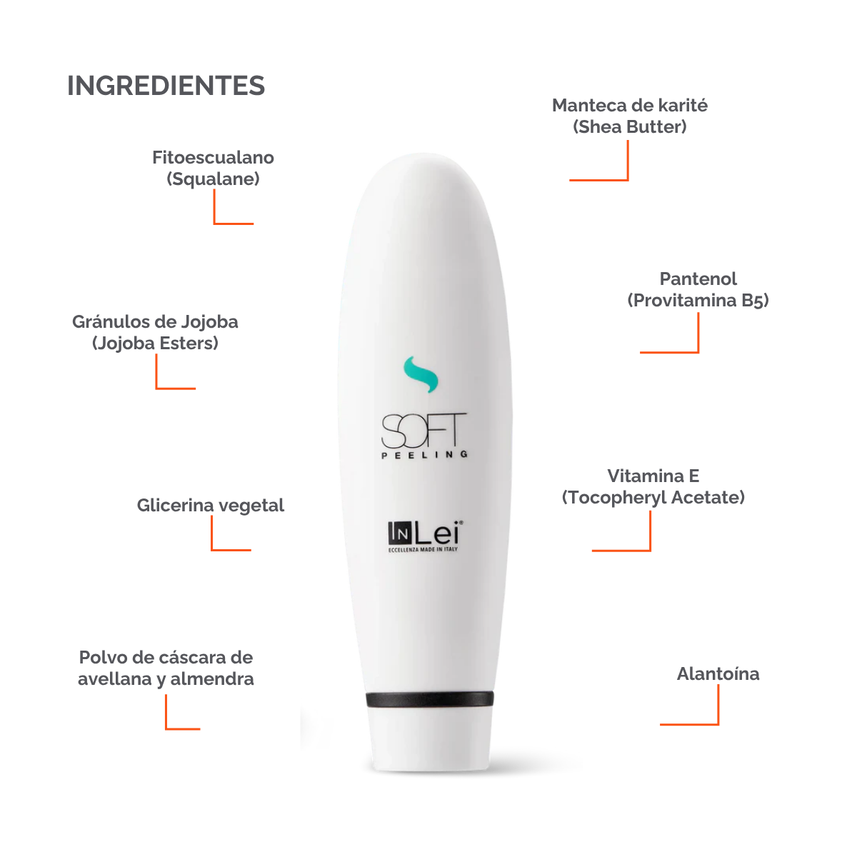 Envase de 100 ml de InLei Soft Peeling, exfoliante suave para cejas, rostro y escote, textura ligera no grasa, presentación profesional de estética