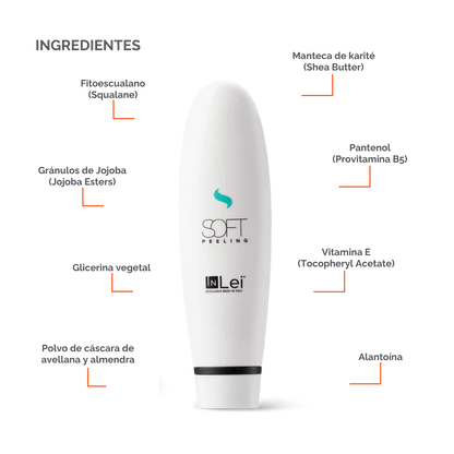 Envase de 100 ml de InLei Soft Peeling, exfoliante suave para cejas, rostro y escote, textura ligera no grasa, presentación profesional de estética
