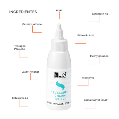 Botella de 100 ml de InLei Developer Cream 1.5 % 5 VOL, activador en crema para tintes de cejas y pestañas, hecho en Italia, envase elegante