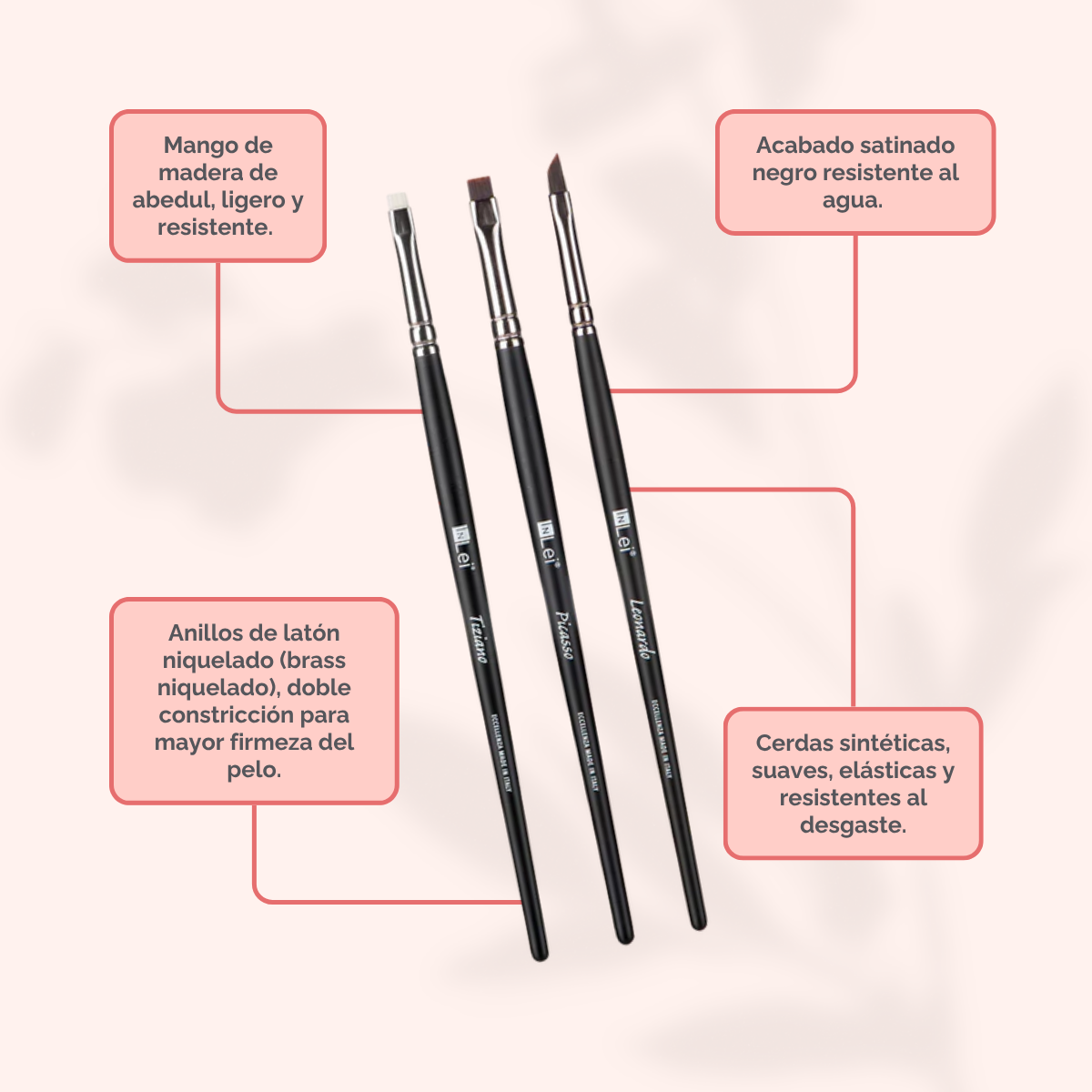 Set profesional InLei Brow Collection de 3 brochas – Rembrandt, Francisco, Michelangelo – diseño italiano, fibras sintéticas, mango de abedul, herramientas premium para cejas