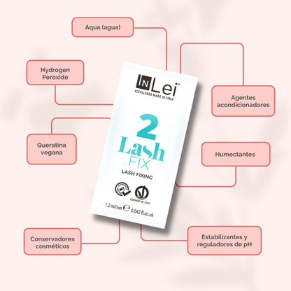 InLei Lash Fix 2 Paso 2 Lash Filler 25.9 en presentación profesional de 9 sachets de 1.2 ml, solución fijadora y neutralizante para procedimientos profesionales de lash lifting y laminación de pestañas, diseñada para lashistas, técnicos y estudios de belleza.
