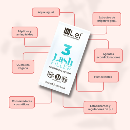 InLei Lash Filler 3 Paso 3 del sistema Lash Filler 25.9 en presentación de 9 sachets de 1.2 ml, tratamiento profesional con queratina vegetal para nutrir, rellenar y acondicionar pestañas durante protocolos profesionales de lash lifting y laminación.