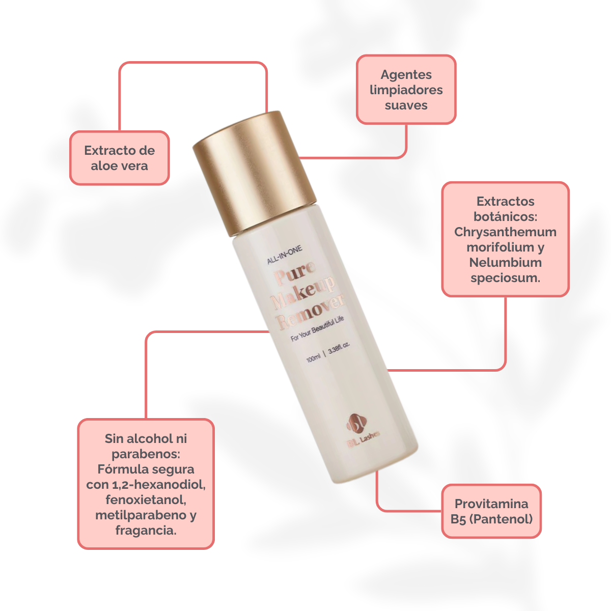 Botella de 100 ml de Pure Clear Lip & Eye Makeup Remover BL Lashes, envase transparente con etiqueta, sobre fondo blanco, concepto desmaquillante oil‑free seguro para extensiones