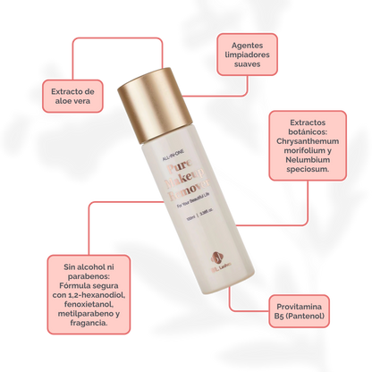 Botella de 100 ml de Pure Clear Lip & Eye Makeup Remover BL Lashes, envase transparente con etiqueta, sobre fondo blanco, concepto desmaquillante oil‑free seguro para extensiones