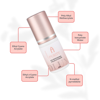 Adhesivo de extensiones de pestañas Purity Alpha Dlux Professional; envase negro de 3 ml/5 ml; destaca por secado ultra rápido, alta retención y fórmula profesional perfecta para volumen y mega volumen