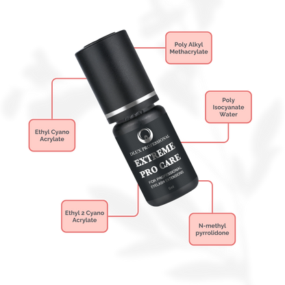 Adhesivo DLUX Pro Care profesional secado 2‑4 s retención 5‑6 semanas ingredientes seguros Ethyl Cyanoacrylate Polymethylmethacrylate