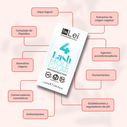 InLei Lash Molecular 4 Paso 4 Lash Filler 25.9 en presentación profesional de 9 sachets de 1.2 ml para reconstrucción molecular de pestañas y cejas, formulado con proteínas vegetales, quinoa y derivado de ácido hialurónico para aportar hidratación, fuerza, flexibilidad y brillo.