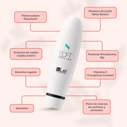 Envase de 100 ml de InLei Soft Peeling, exfoliante suave para cejas, rostro y escote, textura ligera no grasa, presentación profesional de estética