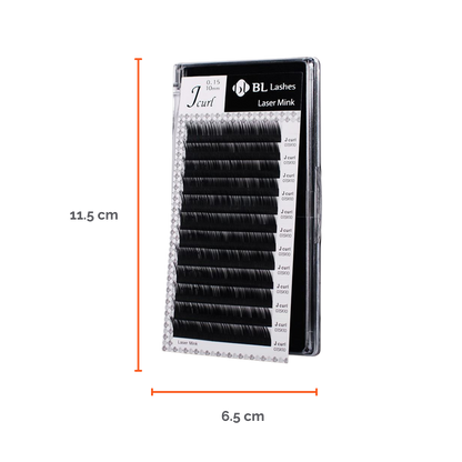 Extensiones LASER MINK LASHES VOLUMEN BL Lashes sobre fondo neutro, mostrando fibra premium mate, textura uniforme y ligereza avanzada, diseñadas para técnicos de pestañas profesionales y estudios de belleza especializados.