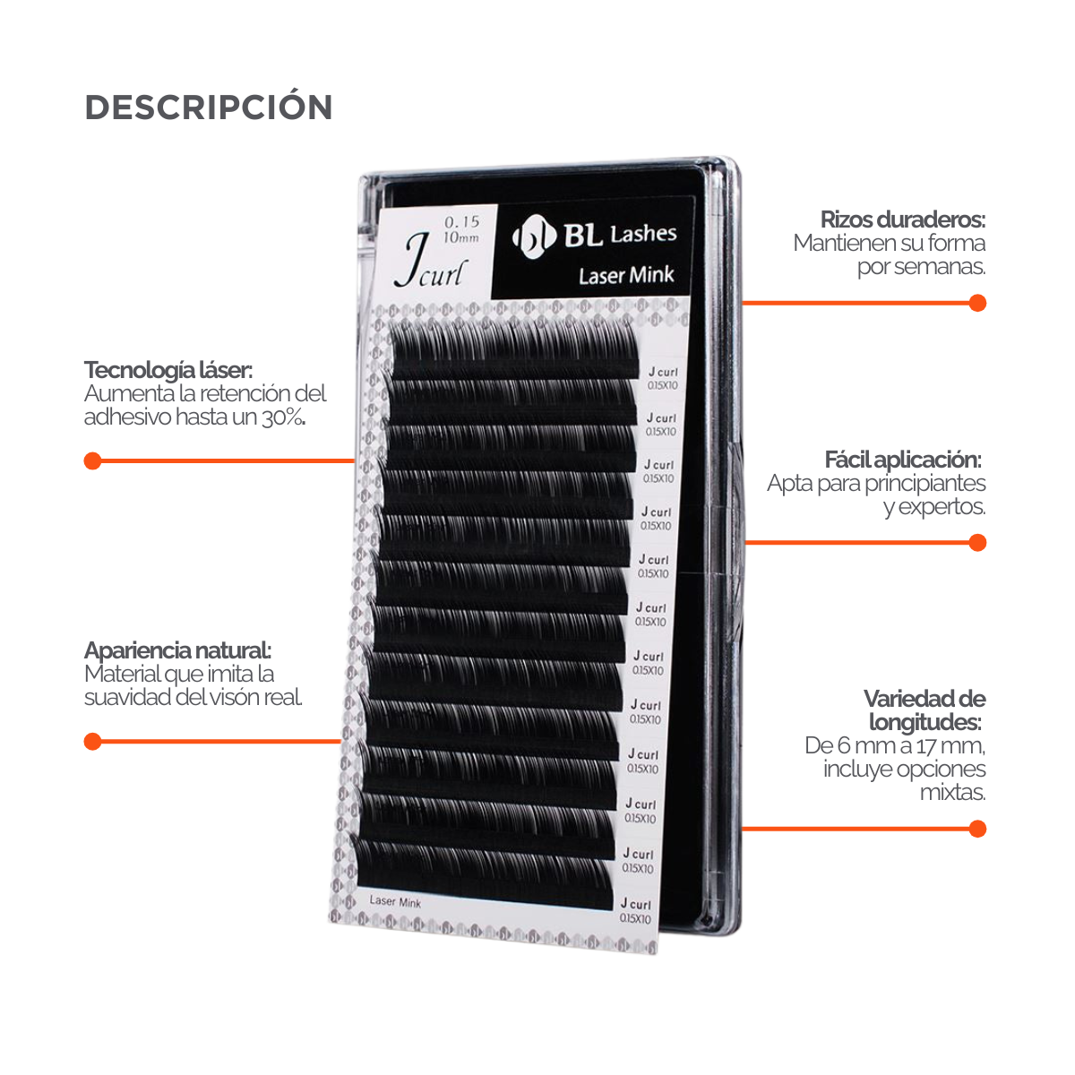 Extensiones LASER MINK LASHES VOLUMEN BL Lashes sobre fondo neutro, mostrando fibra premium mate, textura uniforme y ligereza avanzada, diseñadas para técnicos de pestañas profesionales y estudios de belleza especializados.