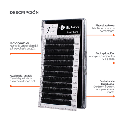 Extensiones LASER MINK LASHES VOLUMEN BL Lashes sobre fondo neutro, mostrando fibra premium mate, textura uniforme y ligereza avanzada, diseñadas para técnicos de pestañas profesionales y estudios de belleza especializados.