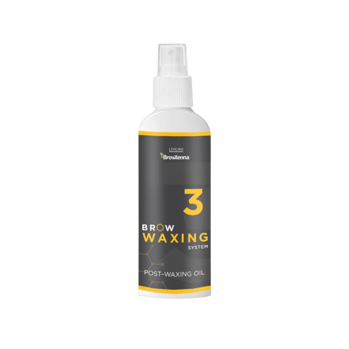 Frasco de aceite BrowXenna Post‑Waxing Oil #3 (100 ml), aceite post-depilación con lavanda, coco y mentol para hidratar, refrescar y limpiar la piel tras depilación de cejas.