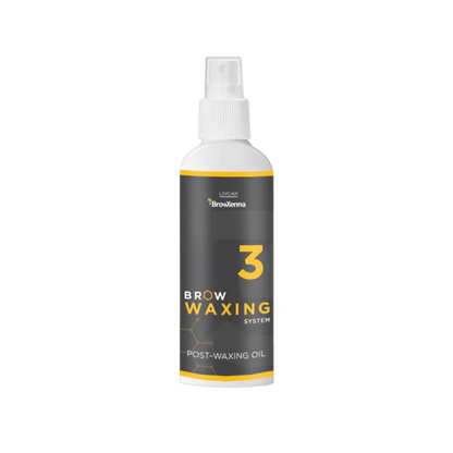 Frasco de aceite BrowXenna Post‑Waxing Oil #3 (100 ml), aceite post-depilación con lavanda, coco y mentol para hidratar, refrescar y limpiar la piel tras depilación de cejas.
