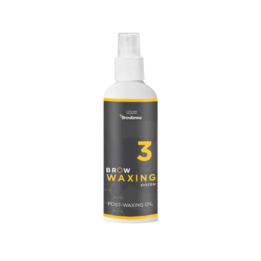 Frasco de aceite BrowXenna Post‑Waxing Oil #3 (100 ml), aceite post-depilación con lavanda, coco y mentol para hidratar, refrescar y limpiar la piel tras depilación de cejas.