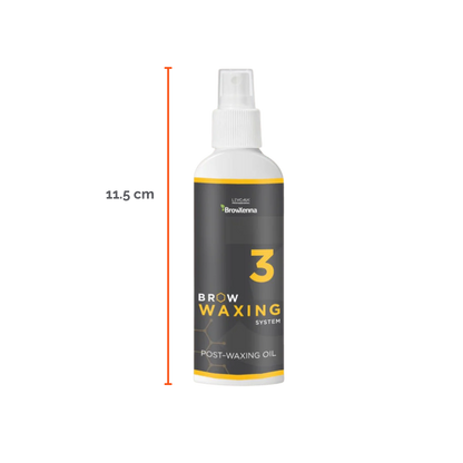Frasco de aceite BrowXenna Post‑Waxing Oil #3 (100 ml), aceite post-depilación con lavanda, coco y mentol para hidratar, refrescar y limpiar la piel tras depilación de cejas.
