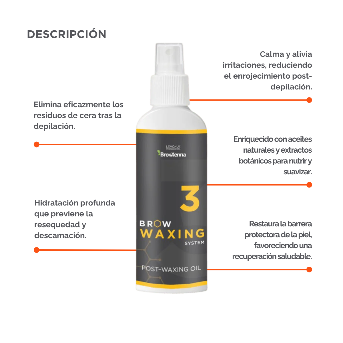 Frasco de aceite BrowXenna Post‑Waxing Oil #3 (100 ml), aceite post-depilación con lavanda, coco y mentol para hidratar, refrescar y limpiar la piel tras depilación de cejas.