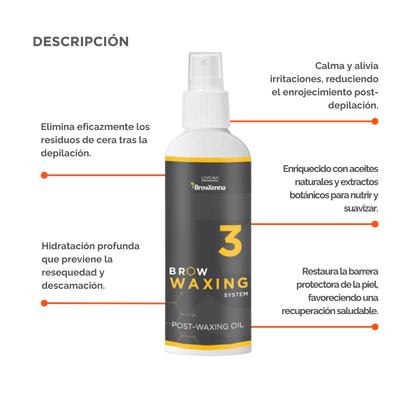 Frasco de aceite BrowXenna Post‑Waxing Oil #3 (100 ml), aceite post-depilación con lavanda, coco y mentol para hidratar, refrescar y limpiar la piel tras depilación de cejas.
