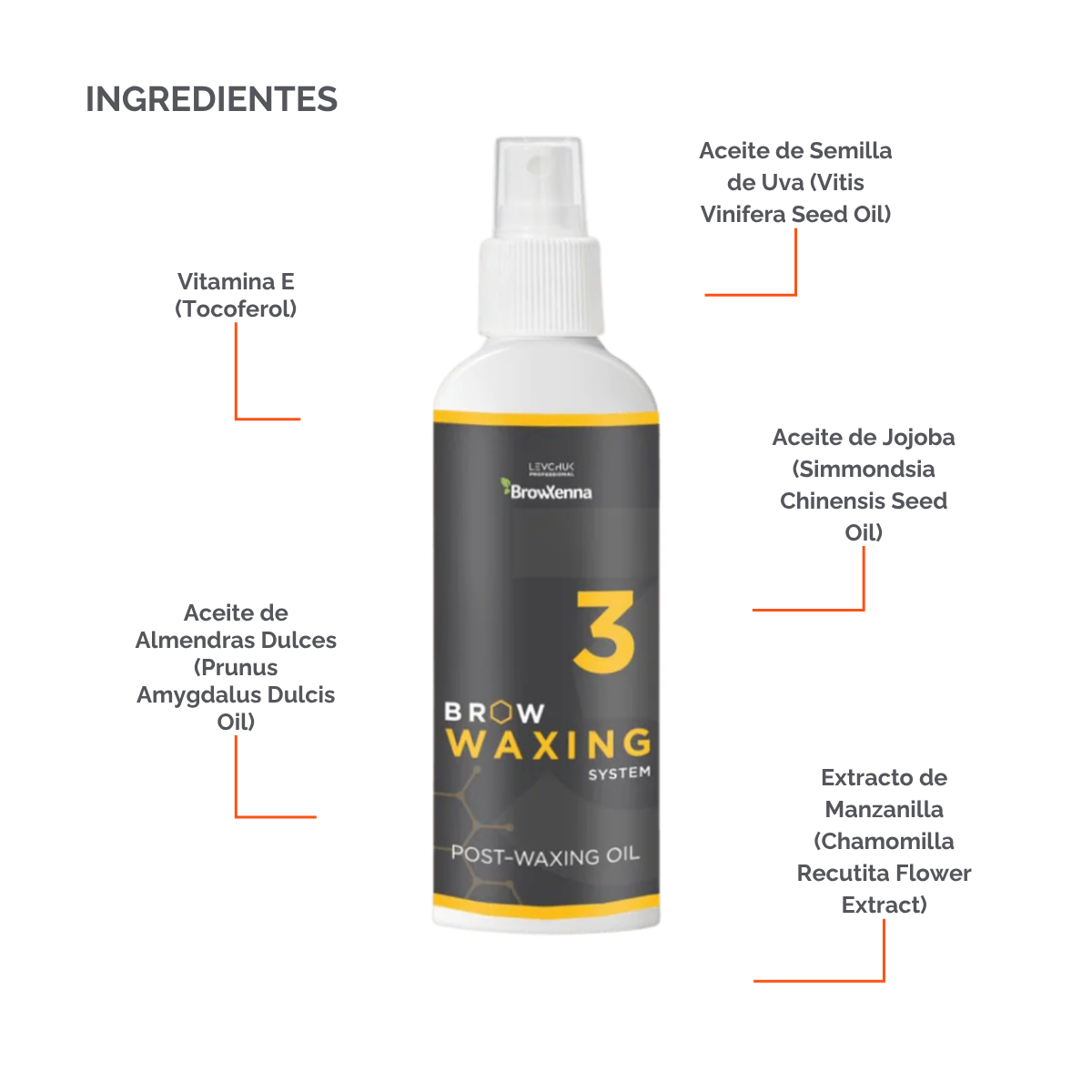 Frasco de aceite BrowXenna Post‑Waxing Oil #3 (100 ml), aceite post-depilación con lavanda, coco y mentol para hidratar, refrescar y limpiar la piel tras depilación de cejas.