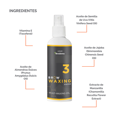 Frasco de aceite BrowXenna Post‑Waxing Oil #3 (100 ml), aceite post-depilación con lavanda, coco y mentol para hidratar, refrescar y limpiar la piel tras depilación de cejas.