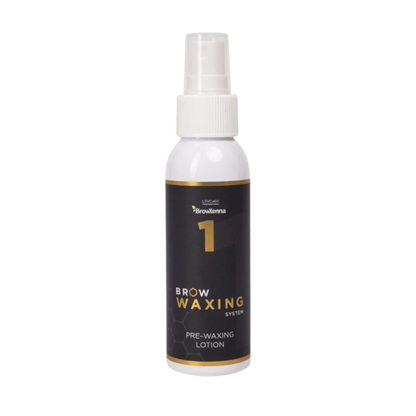 Frasco de BrowXenna Pre‑Waxing Lotion #1 (100 ml), loción preparadora profesional con aloe y mentol, idéntica al primer paso en el protocolo SPA para depilación de cejas.