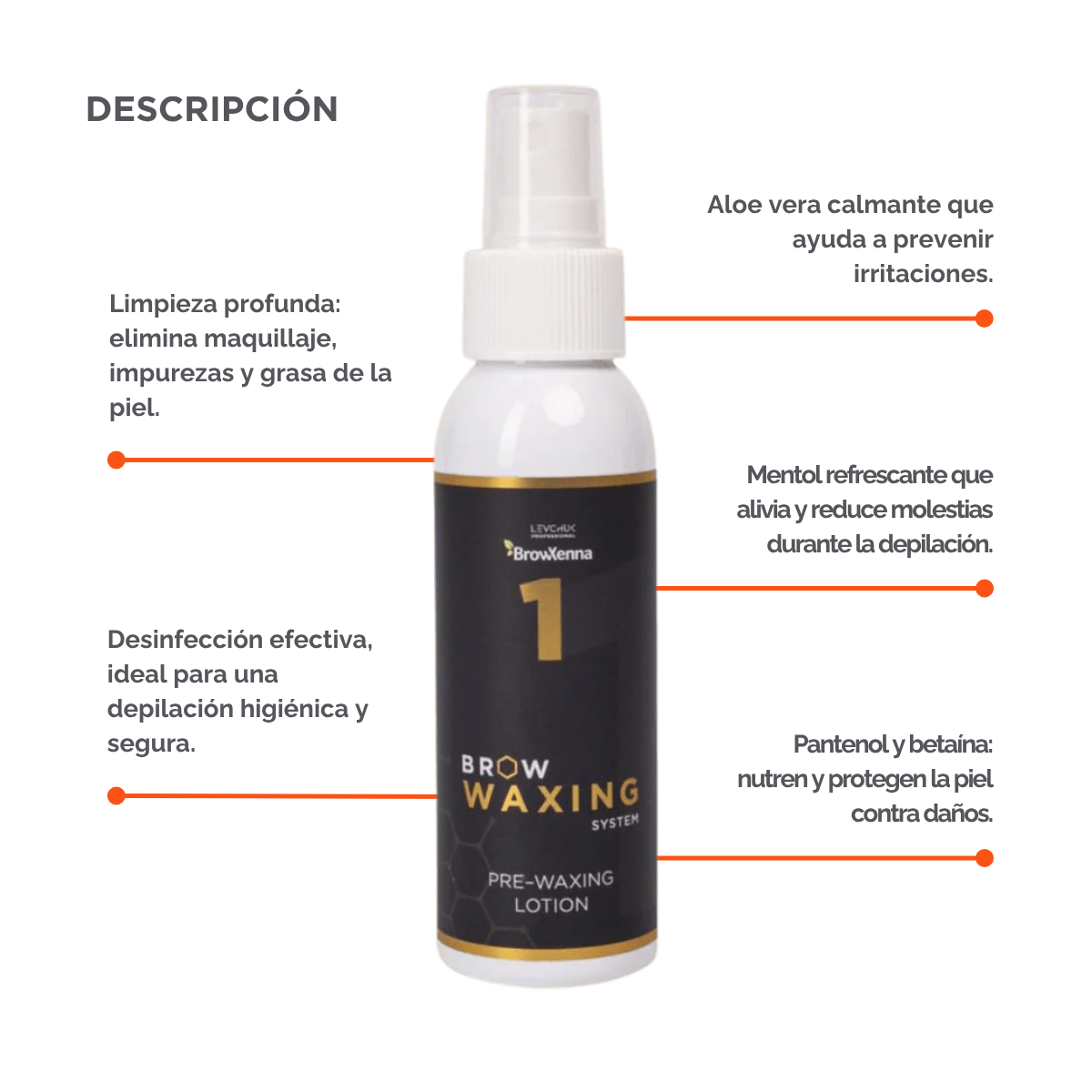 Frasco de BrowXenna Pre‑Waxing Lotion #1 (100 ml), loción preparadora profesional con aloe y mentol, idéntica al primer paso en el protocolo SPA para depilación de cejas.
