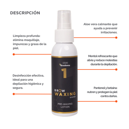 Frasco de BrowXenna Pre‑Waxing Lotion #1 (100 ml), loción preparadora profesional con aloe y mentol, idéntica al primer paso en el protocolo SPA para depilación de cejas.