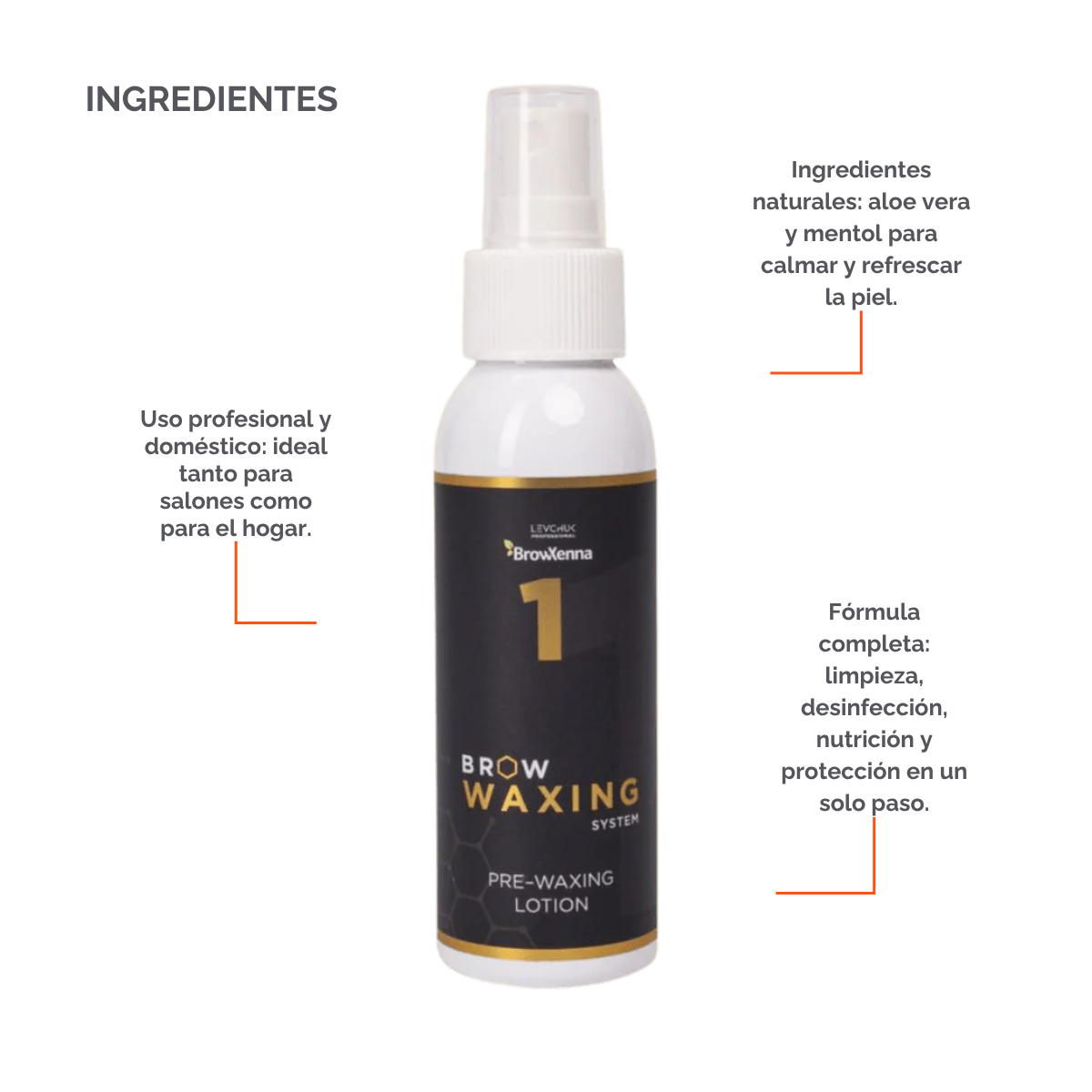 Frasco de BrowXenna Pre‑Waxing Lotion #1 (100 ml), loción preparadora profesional con aloe y mentol, idéntica al primer paso en el protocolo SPA para depilación de cejas.