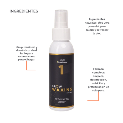 Frasco de BrowXenna Pre‑Waxing Lotion #1 (100 ml), loción preparadora profesional con aloe y mentol, idéntica al primer paso en el protocolo SPA para depilación de cejas.