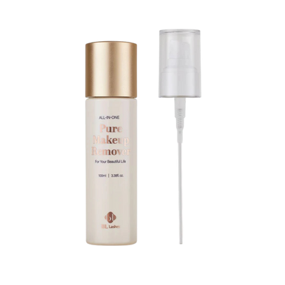 Botella de 100 ml de Pure Clear Lip & Eye Makeup Remover BL Lashes, envase transparente con etiqueta, sobre fondo blanco, concepto desmaquillante oil‑free seguro para extensiones