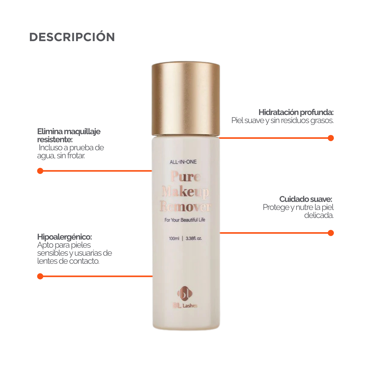 Botella de 100 ml de Pure Clear Lip & Eye Makeup Remover BL Lashes, envase transparente con etiqueta, sobre fondo blanco, concepto desmaquillante oil‑free seguro para extensiones