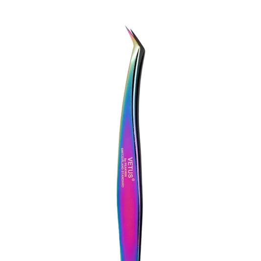 Pinza profesional BL Lashes Rainbow Tweezers MCS-19 tipo L para aplicación de extensiones de pestañas. Herramienta de acero inoxidable para lashistas, diseñada para aislamiento, toma y colocación de extensiones en técnicas clásicas y volumen, con acabado rainbow multicolor