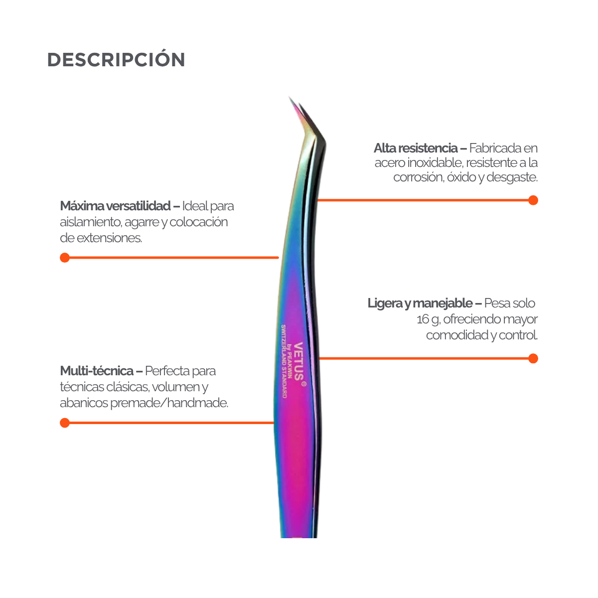 Pinza profesional BL Lashes Rainbow Tweezers MCS-19 tipo L para aplicación de extensiones de pestañas. Herramienta de acero inoxidable para lashistas, diseñada para aislamiento, toma y colocación de extensiones en técnicas clásicas y volumen, con acabado rainbow multicolor