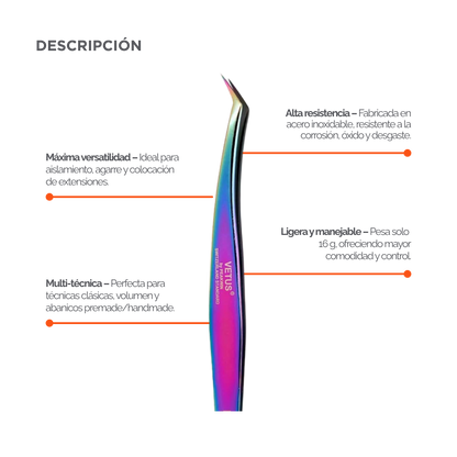 Pinza profesional BL Lashes Rainbow Tweezers MCS-19 tipo L para aplicación de extensiones de pestañas. Herramienta de acero inoxidable para lashistas, diseñada para aislamiento, toma y colocación de extensiones en técnicas clásicas y volumen, con acabado rainbow multicolor