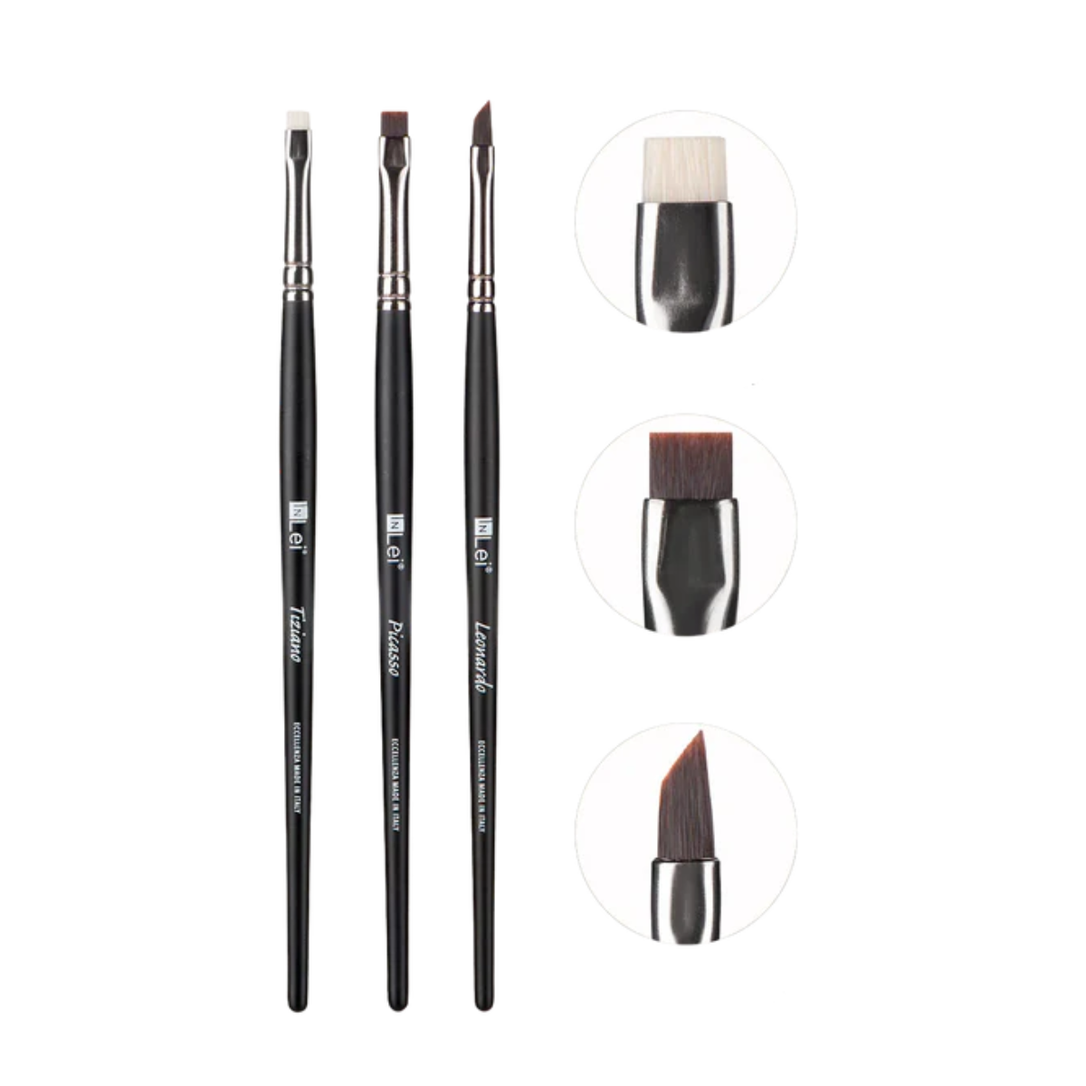 Set profesional InLei Brow Collection de 3 brochas – Rembrandt, Francisco, Michelangelo – diseño italiano, fibras sintéticas, mango de abedul, herramientas premium para cejas