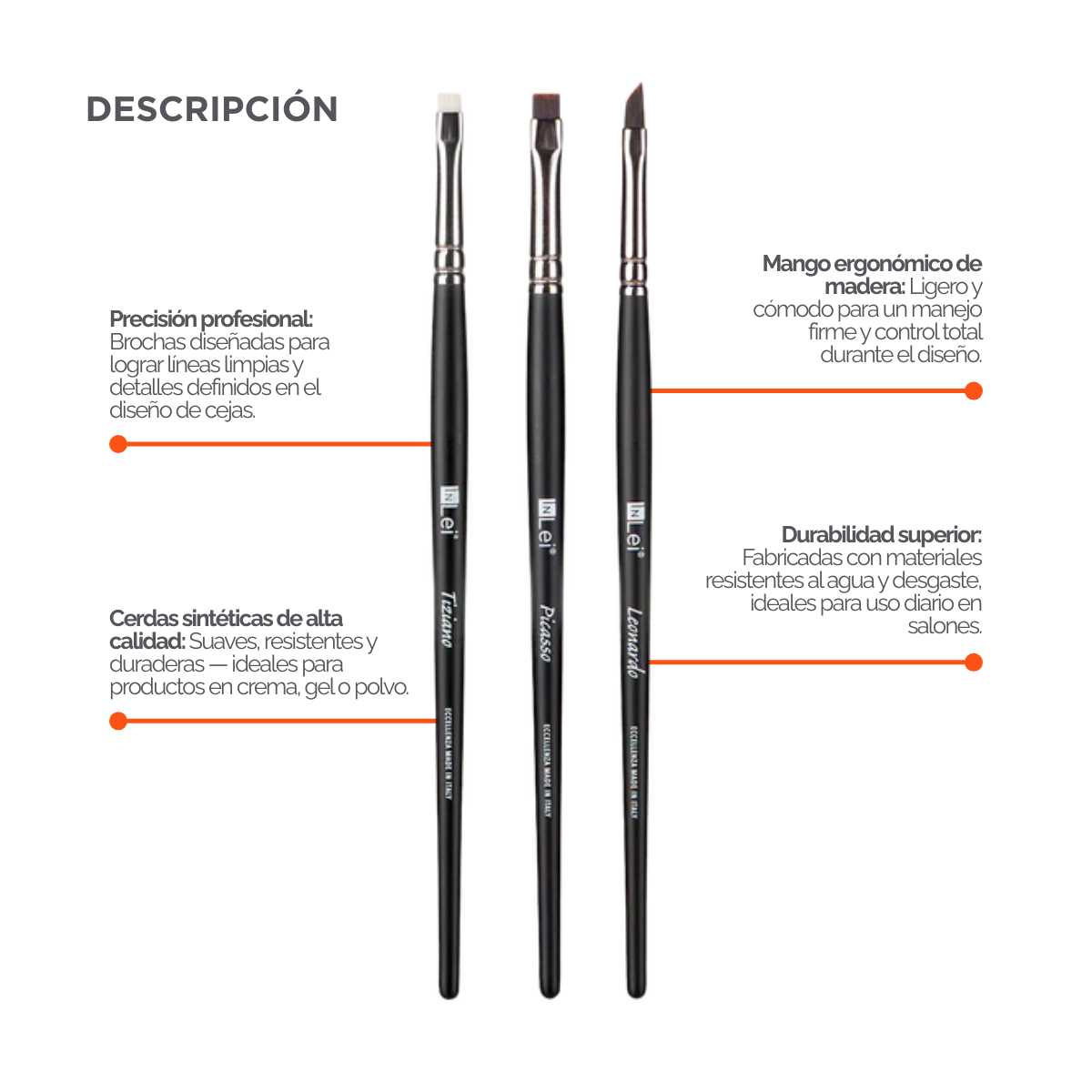 Set profesional InLei Brow Collection de 3 brochas – Rembrandt, Francisco, Michelangelo – diseño italiano, fibras sintéticas, mango de abedul, herramientas premium para cejas