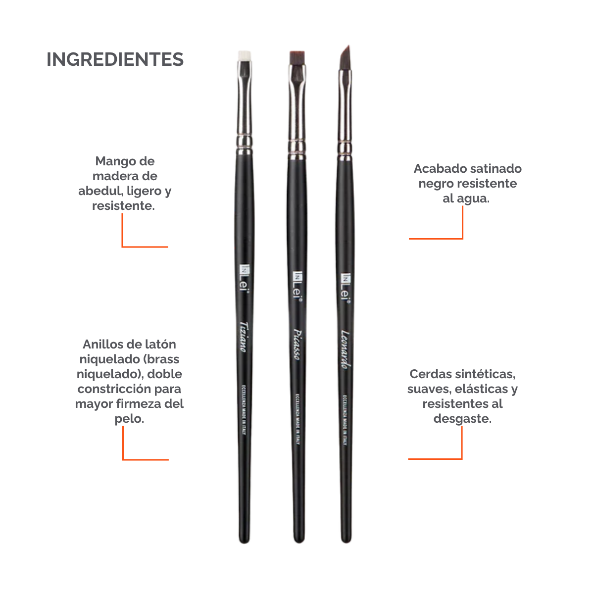 Set profesional InLei Brow Collection de 3 brochas – Rembrandt, Francisco, Michelangelo – diseño italiano, fibras sintéticas, mango de abedul, herramientas premium para cejas