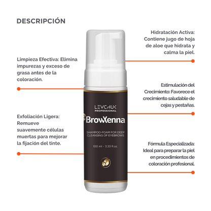 Frasco de BrowXenna Shampoo‑Foam, espuma limpiadora profunda para cejas y pestañas, ideal para pretratamiento antes de tintado y laminación.