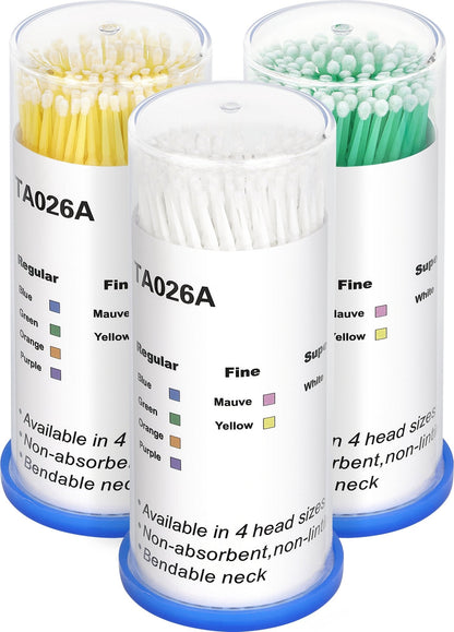 “Microbrush DLUX Professional con punta de microfibra no absorbente y cuello flexible; colores blanco 1 mm, amarillo 2 mm, verde 3 mm; 100 piezas para aplicación precisa en pestañas y cejas.”