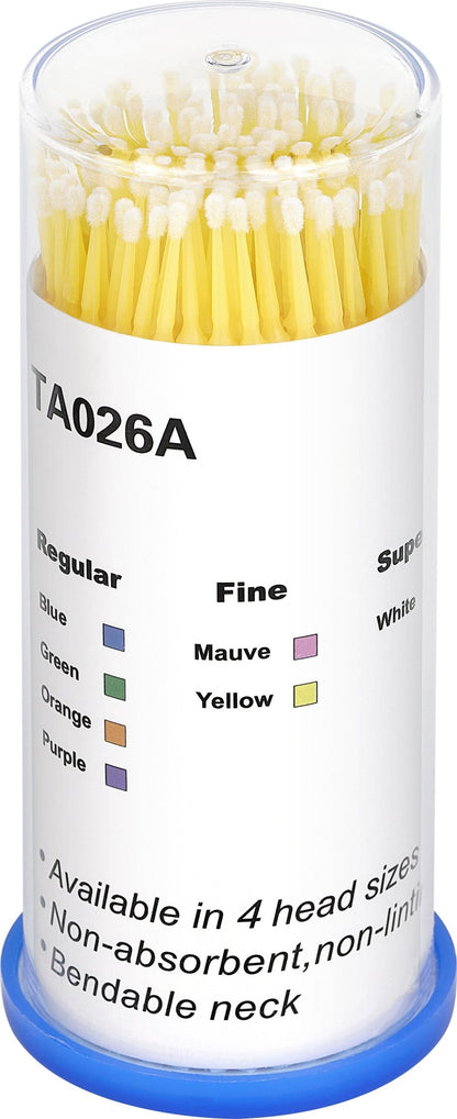 “Microbrush DLUX Professional con punta de microfibra no absorbente y cuello flexible; colores blanco 1 mm, amarillo 2 mm, verde 3 mm; 100 piezas para aplicación precisa en pestañas y cejas.”