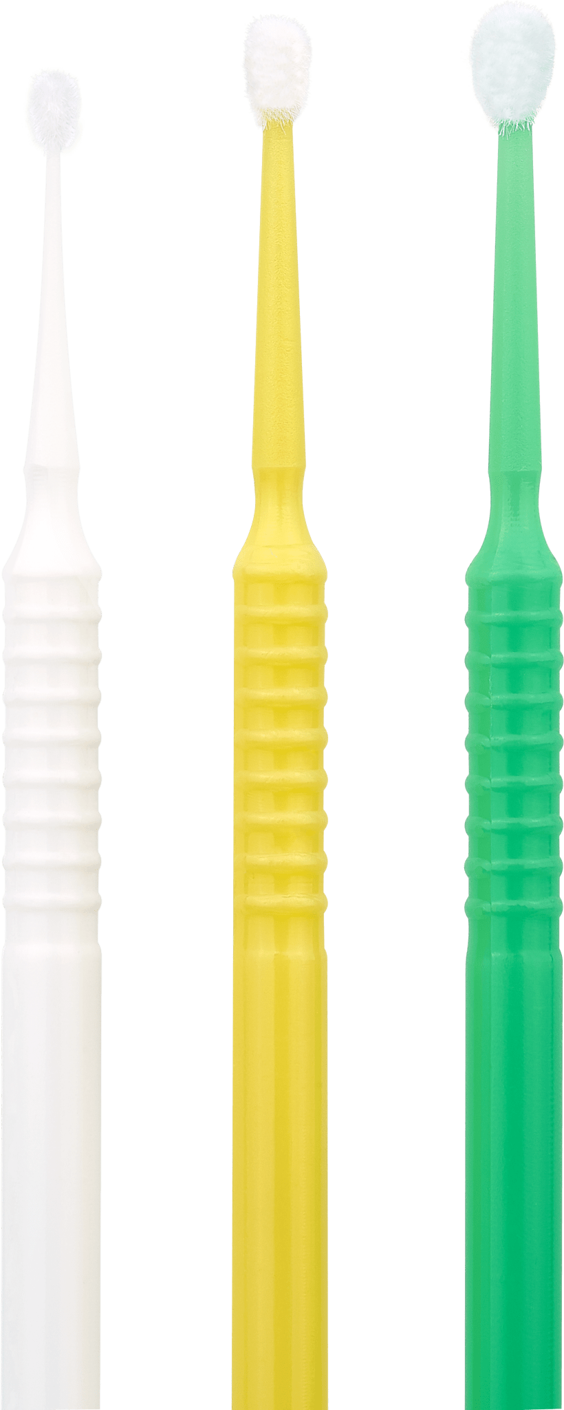 “Microbrush DLUX Professional con punta de microfibra no absorbente y cuello flexible; colores blanco 1 mm, amarillo 2 mm, verde 3 mm; 100 piezas para aplicación precisa en pestañas y cejas.”